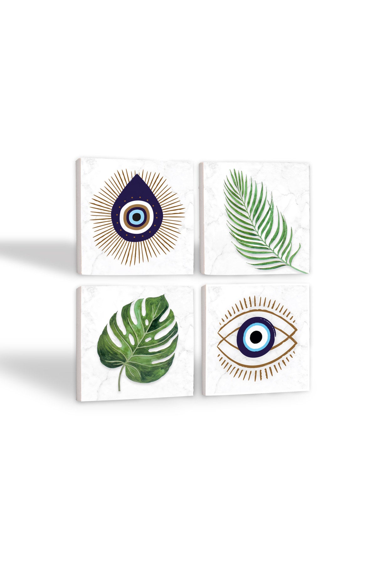 Pinecone Nazar, Yaprak Taş Bardak Altlığı Seti - 4 Parça - Dekoratif, Rustik Mutfak Aksesuarı, 10x10 cm, Kaydırmaz Tabanlı, Şık ve Dayanıklı SC353