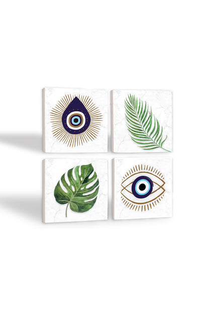 Pinecone Nazar, Yaprak Taş Bardak Altlığı Seti - 4 Parça - Dekoratif, Rustik Mutfak Aksesuarı, 10x10 cm, Kaydırmaz Tabanlı, Şık ve Dayanıklı SC353