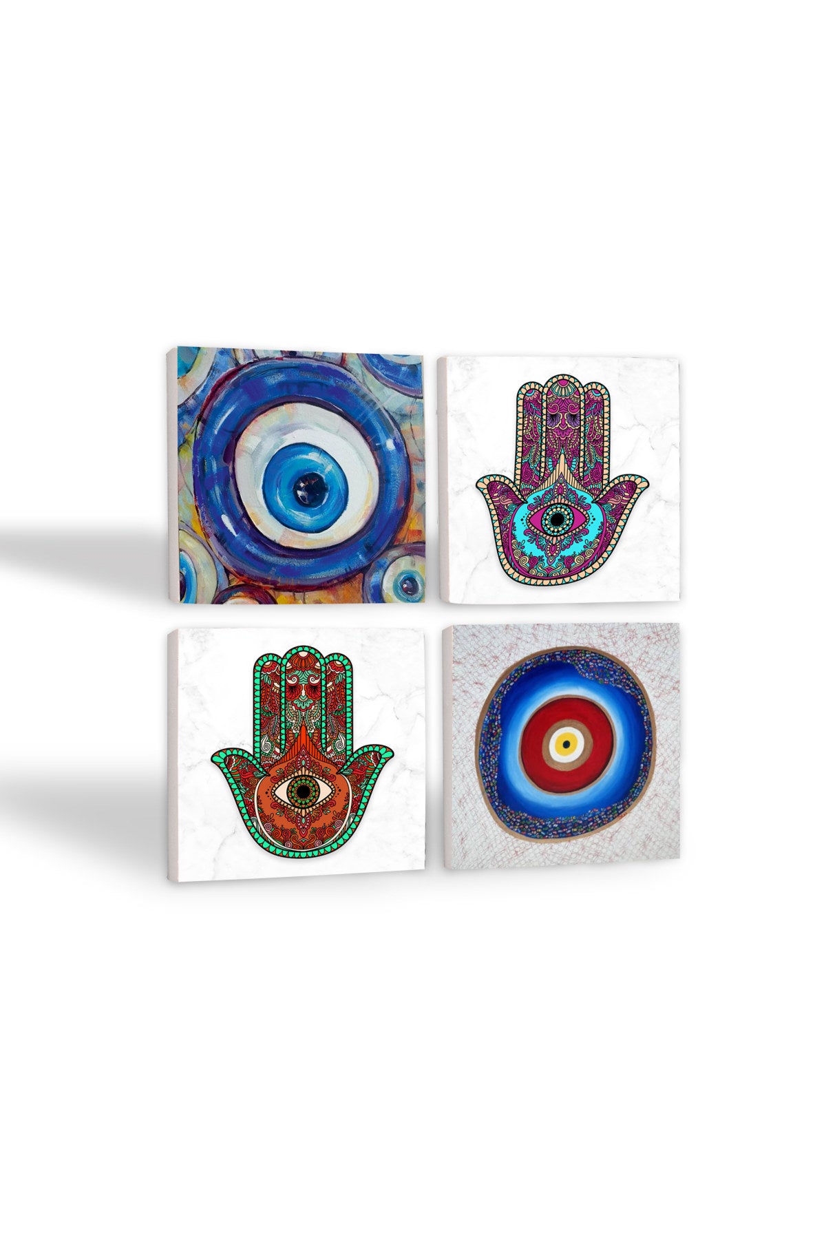 Pinecone Nazar, Fatma Ana Eli (Hamsa) Taş Bardak Altlığı Seti - 4 Parça - Dekoratif, Rustik Mutfak Aksesuarı, 10x10 cm, Kaydırmaz Tabanlı, Şık ve Dayanıklı SC376