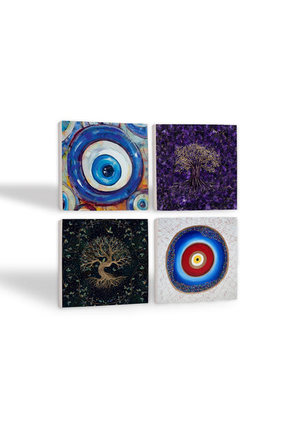 Pinecone Nazar, Hayat Ağacı Taş Bardak Altlığı Seti - 4 Parça - Dekoratif, Rustik Mutfak Aksesuarı, 10x10 cm, Kaydırmaz Tabanlı, Şık ve Dayanıklı SC378