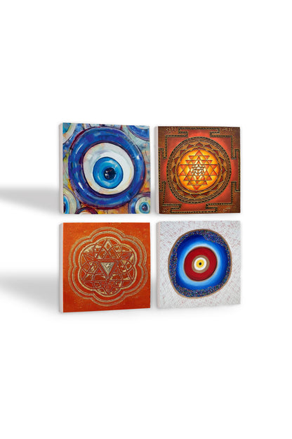 Pinecone Nazar, Sri Yantra Taş Bardak Altlığı Seti - 4 Parça - Dekoratif, Rustik Mutfak Aksesuarı, 10x10 cm, Kaydırmaz Tabanlı, Şık ve Dayanıklı SC383