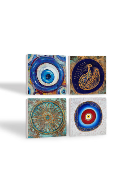 Pinecone Nazar, Tavus Kuşu, Yaşam Çiçeği Taş Bardak Altlığı Seti - 4 Parça - Dekoratif, Rustik Mutfak Aksesuarı, 10x10 cm, Kaydırmaz Tabanlı, Şık ve Dayanıklı SC388