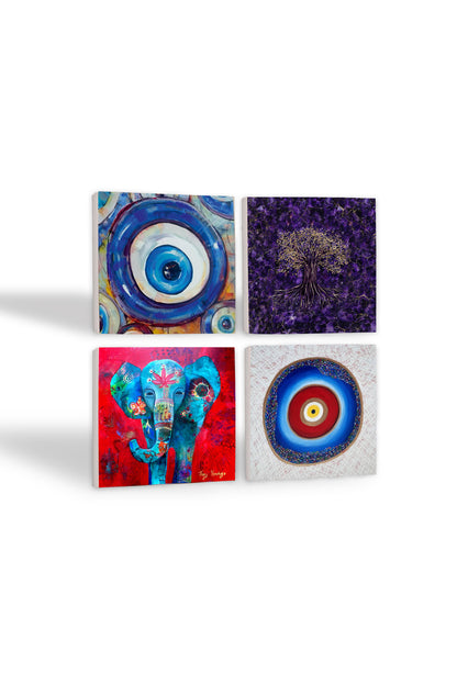 Pinecone Nazar, Hayat Ağacı, Fil Taş Bardak Altlığı Seti - 4 Parça - Dekoratif, Rustik Mutfak Aksesuarı, 10x10 cm, Kaydırmaz Tabanlı, Şık ve Dayanıklı SC398