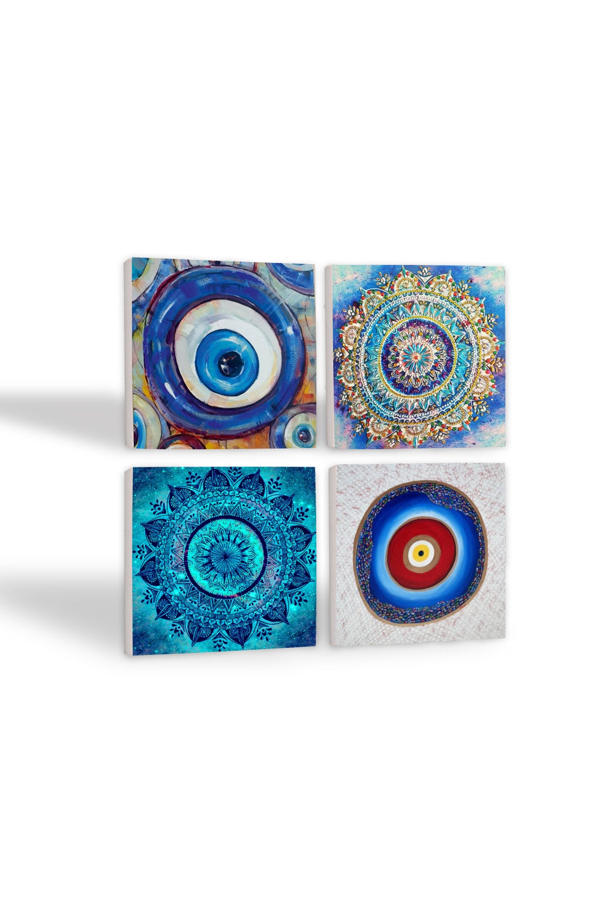 Pinecone Nazar, Mandala Taş Bardak Altlığı Seti - 4 Parça - Dekoratif, Rustik Mutfak Aksesuarı, 10x10 cm, Kaydırmaz Tabanlı, Şık ve Dayanıklı SC400