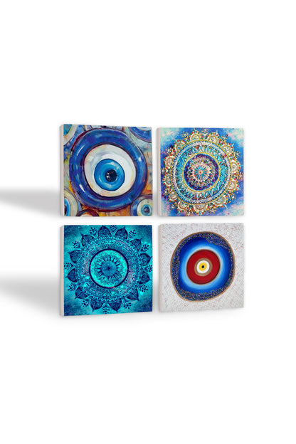 Pinecone Nazar, Mandala Taş Bardak Altlığı Seti - 4 Parça - Dekoratif, Rustik Mutfak Aksesuarı, 10x10 cm, Kaydırmaz Tabanlı, Şık ve Dayanıklı SC400