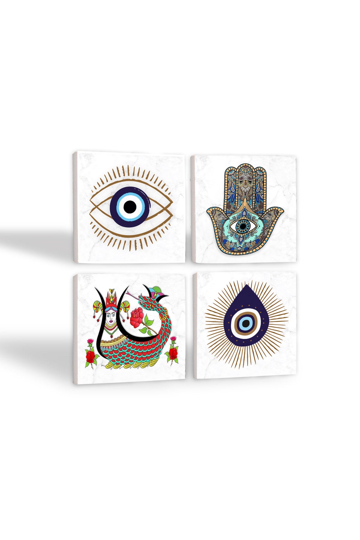 Pinecone Nazar, Şahmeran, Fatma Ana Eli (Hamsa) Taş Bardak Altlığı Seti - 4 Parça - Dekoratif, Rustik Mutfak Aksesuarı, 10x10 cm, Kaydırmaz Tabanlı, Şık ve Dayanıklı SC404