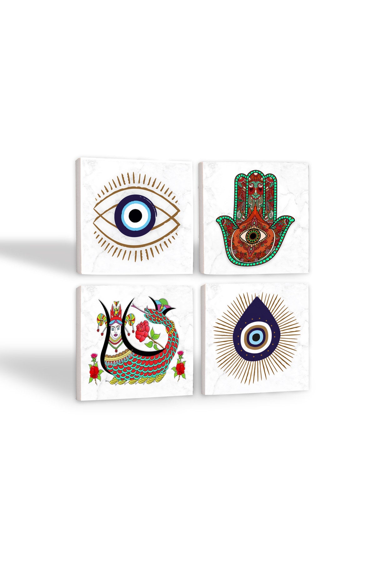 Pinecone Nazar, Fatma Ana Eli (Hamsa), Şahmeran Taş Bardak Altlığı Seti - 4 Parça - Dekoratif, Rustik Mutfak Aksesuarı, 10x10 cm, Kaydırmaz Tabanlı, Şık ve Dayanıklı SC406