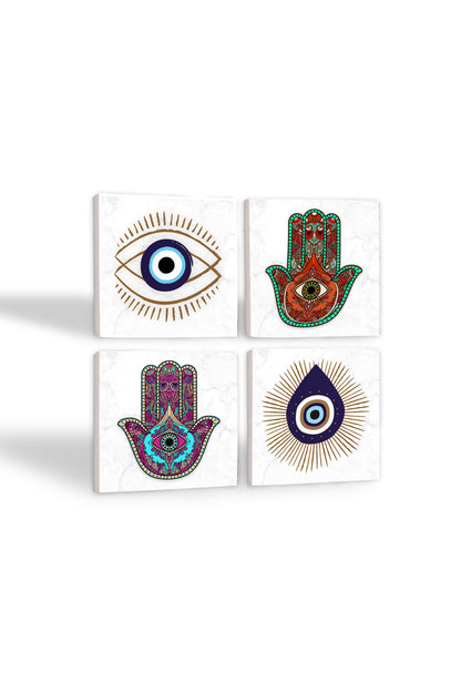 Pinecone Nazar, Fatma Ana Eli (Hamsa) Taş Bardak Altlığı Seti - 4 Parça - Dekoratif, Rustik Mutfak Aksesuarı, 10x10 cm, Kaydırmaz Tabanlı, Şık ve Dayanıklı SC407
