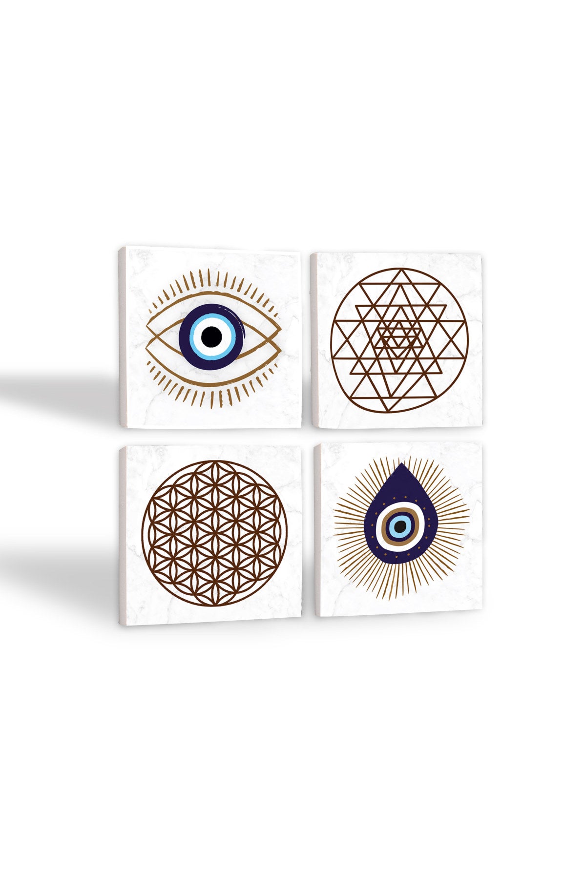 Pinecone Nazar, Yaşam Çiçeği, Sri Yantra Taş Bardak Altlığı Seti - 4 Parça - Dekoratif, Rustik Mutfak Aksesuarı, 10x10 cm, Kaydırmaz Tabanlı, Şık ve Dayanıklı SC413