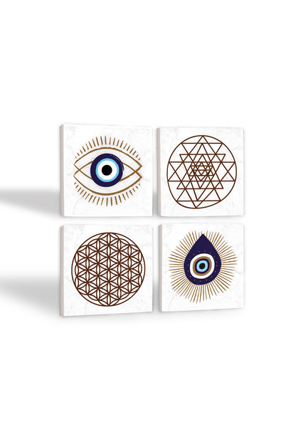 Pinecone Nazar, Yaşam Çiçeği, Sri Yantra Taş Bardak Altlığı Seti - 4 Parça - Dekoratif, Rustik Mutfak Aksesuarı, 10x10 cm, Kaydırmaz Tabanlı, Şık ve Dayanıklı SC413