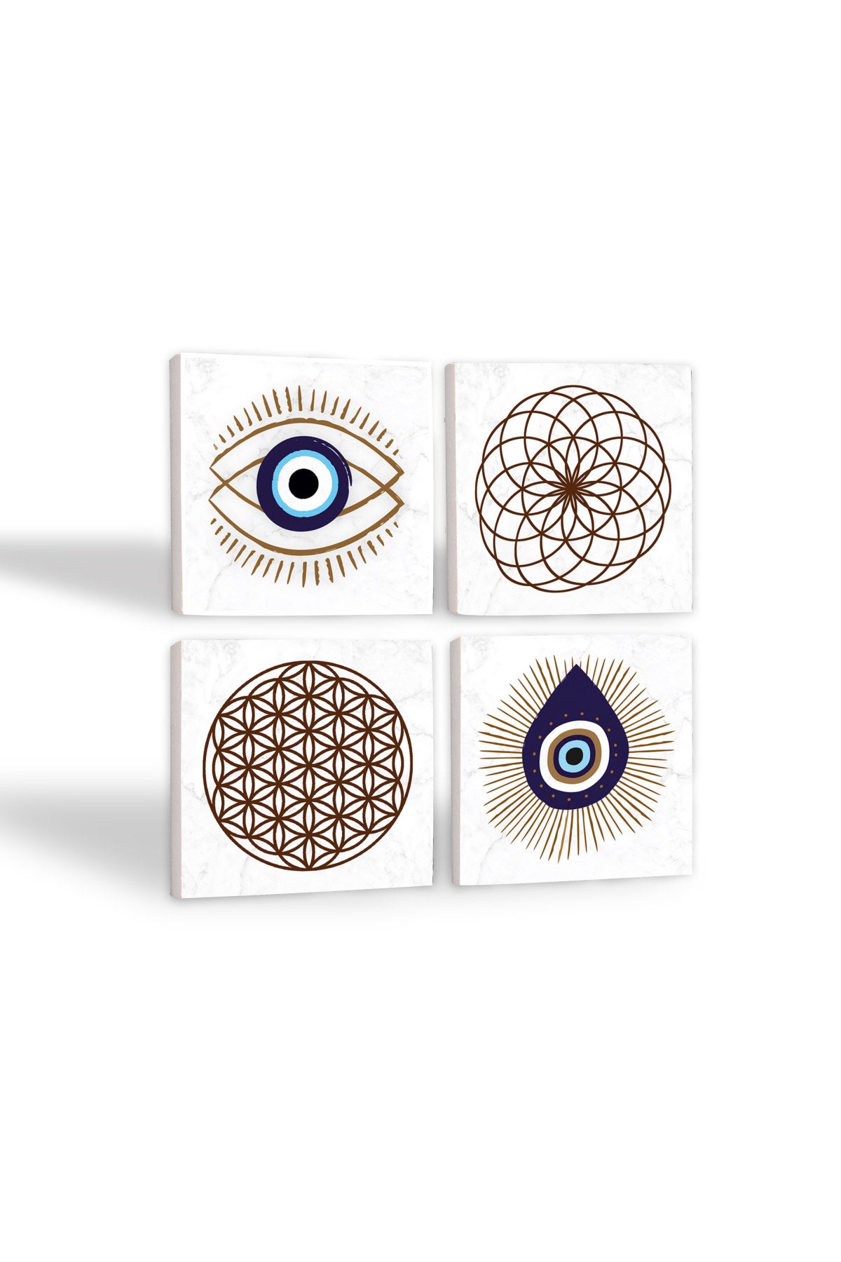 Pinecone Nazar, Yaşam Çiçeği Taş Bardak Altlığı Seti - 4 Parça - Dekoratif, Rustik Mutfak Aksesuarı, 10x10 cm, Kaydırmaz Tabanlı, Şık ve Dayanıklı SC414