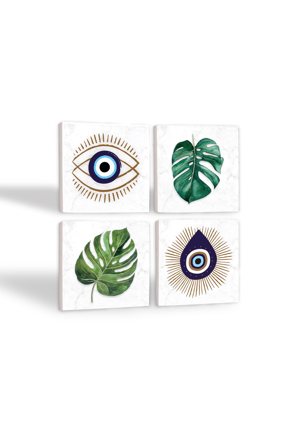 Pinecone Nazar, Yaprak Taş Bardak Altlığı Seti - 4 Parça - Dekoratif, Rustik Mutfak Aksesuarı, 10x10 cm, Kaydırmaz Tabanlı, Şık ve Dayanıklı SC417