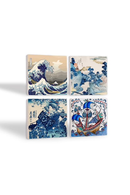 Pinecone Japon Sanatı, Fuji Dağı, Büyük Dalga, Çini Sanatı Yelkenli Gemi Taş Bardak Altlığı Seti - 4 Parça - Dekoratif, Rustik Mutfak Aksesuarı, 10x10 cm, Kaydırmaz Tabanlı, Şık ve Dayanıklı SC445