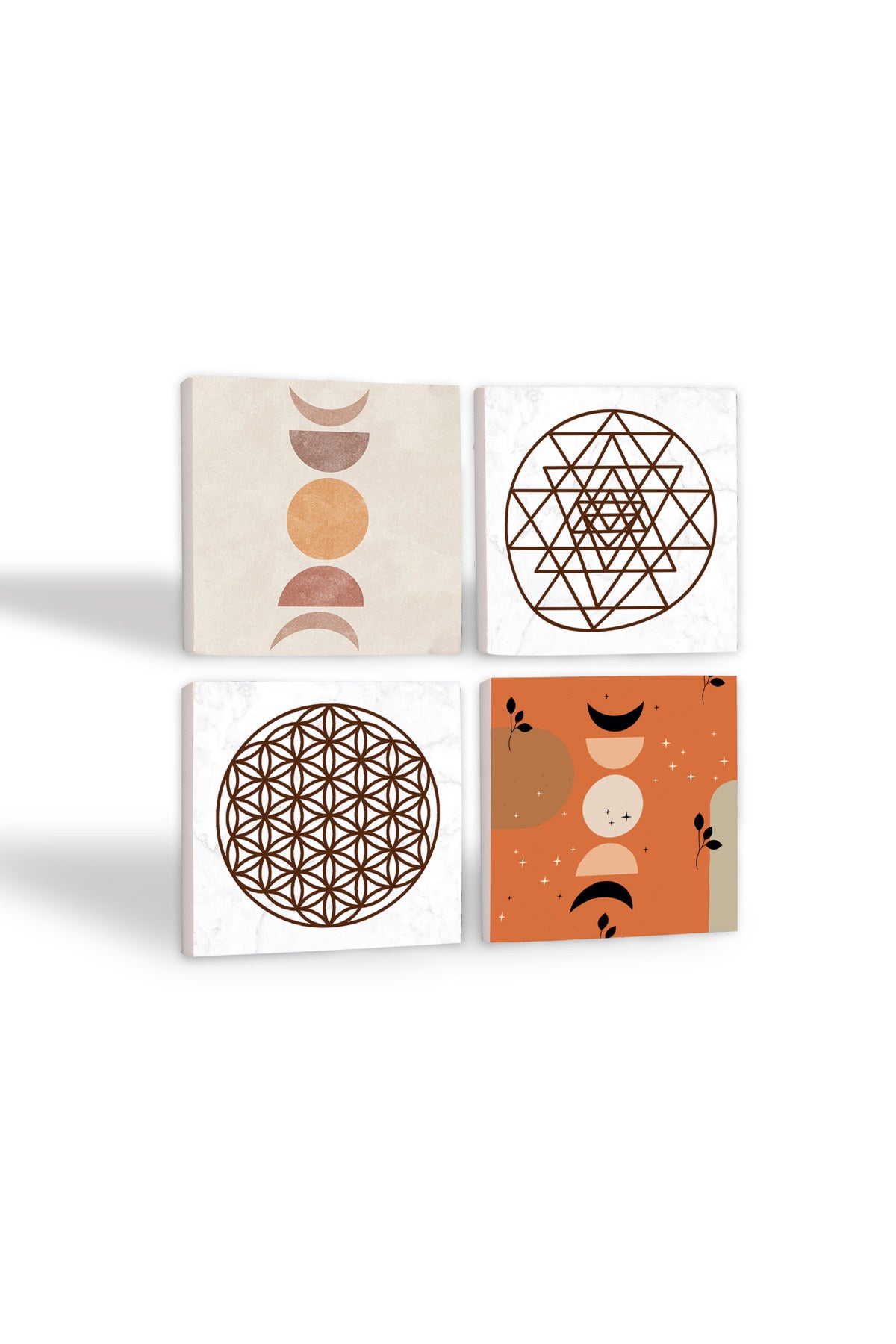 Pinecone Bohem, Minimalist Soyut, Yaşam Çiçeği, Sri Yantra Taş Bardak Altlığı Seti - 4 Parça - Dekoratif, Rustik Mutfak Aksesuarı, 10x10 cm, Kaydırmaz Tabanlı, Şık ve Dayanıklı SC456