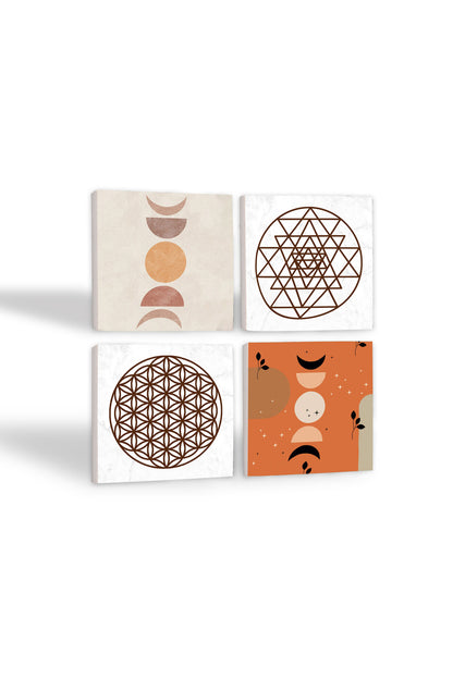 Pinecone Bohem, Minimalist Soyut, Yaşam Çiçeği, Sri Yantra Taş Bardak Altlığı Seti - 4 Parça - Dekoratif, Rustik Mutfak Aksesuarı, 10x10 cm, Kaydırmaz Tabanlı, Şık ve Dayanıklı SC456