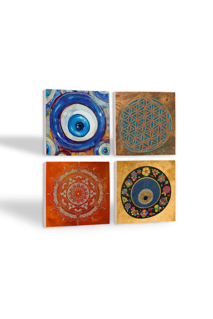Pinecone Nazar, Yaşam Çiçeği, Mandala Taş Bardak Altlığı Seti - 4 Parça - Dekoratif, Rustik Mutfak Aksesuarı, 10x10 cm, Kaydırmaz Tabanlı, Şık ve Dayanıklı SC471