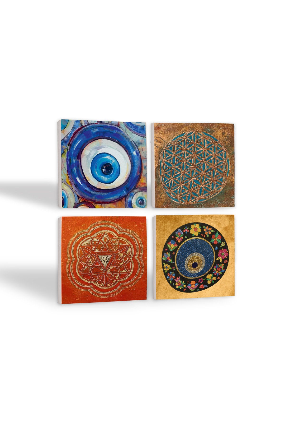 Pinecone Nazar, Yaşam Çiçeği, Sri Yantra Taş Bardak Altlığı Seti - 4 Parça - Dekoratif, Rustik Mutfak Aksesuarı, 10x10 cm, Kaydırmaz Tabanlı, Şık ve Dayanıklı SC472