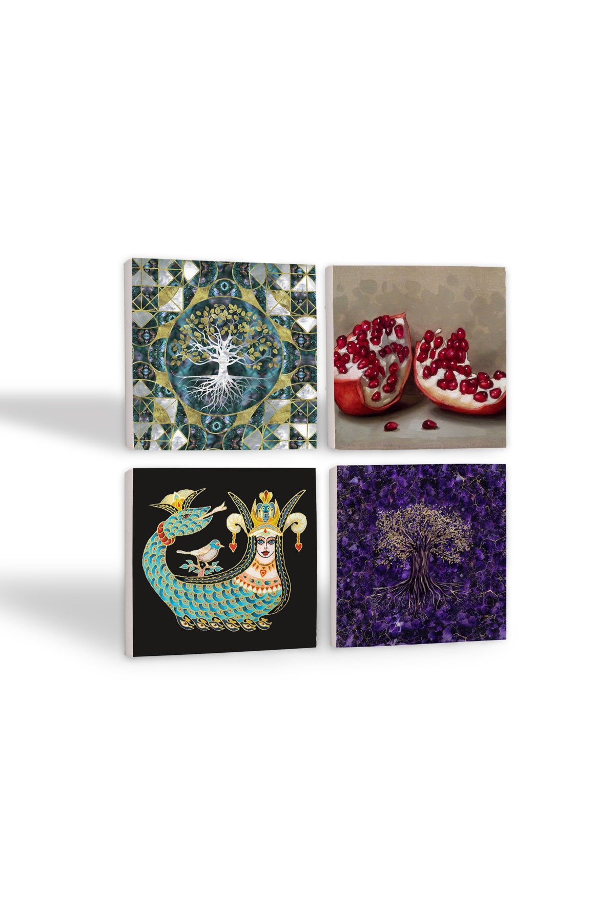 Pinecone Hayat Ağacı, Şahmeran, Nar Taş Bardak Altlığı Seti - 4 Parça - Dekoratif, Rustik Mutfak Aksesuarı, 10x10 cm, Kaydırmaz Tabanlı, Şık ve Dayanıklı SC483