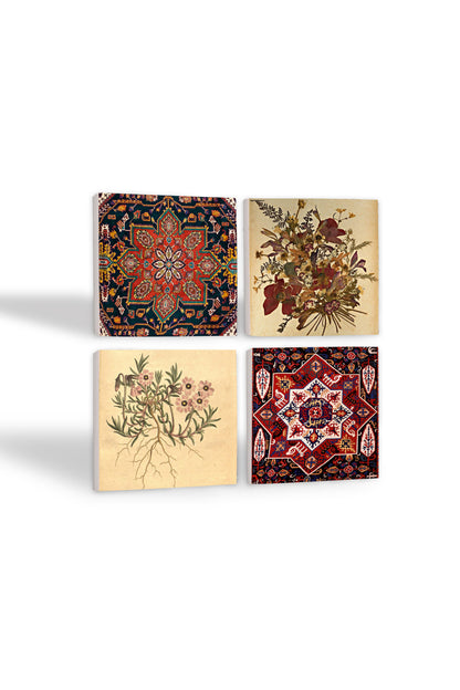 Pinecone Vintage Çiçek, Desen Taş Bardak Altlığı Seti - 4 Parça - Dekoratif, Rustik Mutfak Aksesuarı, 10x10 cm, Kaydırmaz Tabanlı, Şık ve Dayanıklı SC502