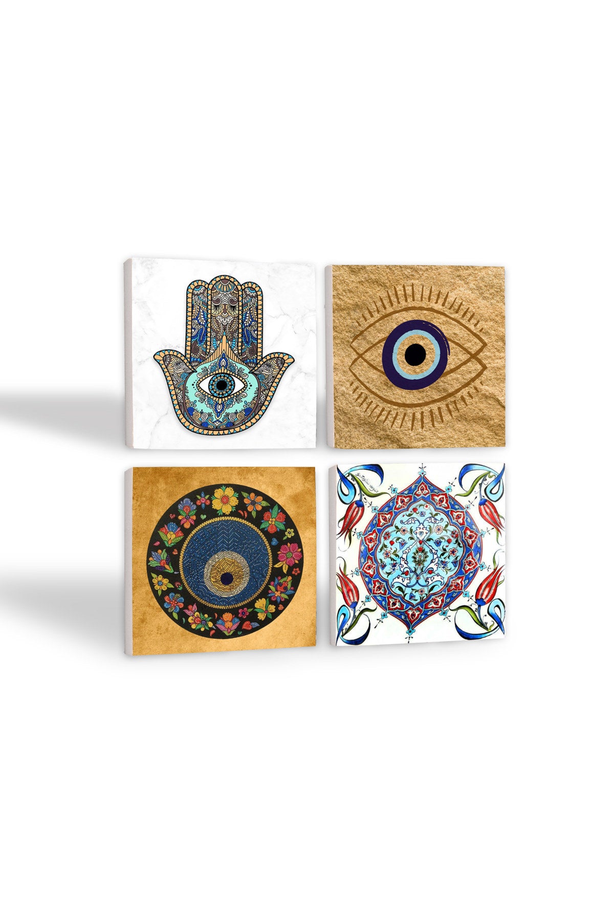 Pinecone Nazar, Çini Sanatı, Fatma Ana Eli (Hamsa) Taş Bardak Altlığı Seti - 4 Parça - Dekoratif, Rustik Mutfak Aksesuarı, 10x10 cm, Kaydırmaz Tabanlı, Şık ve Dayanıklı SC508