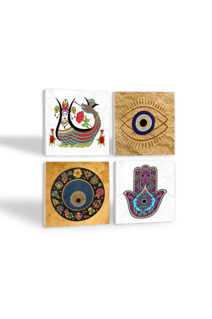 Pinecone Nazar, Fatma Ana Eli (Hamsa), Şahmeran Taş Bardak Altlığı Seti - 4 Parça - Dekoratif, Rustik Mutfak Aksesuarı, 10x10 cm, Kaydırmaz Tabanlı, Şık ve Dayanıklı SC512