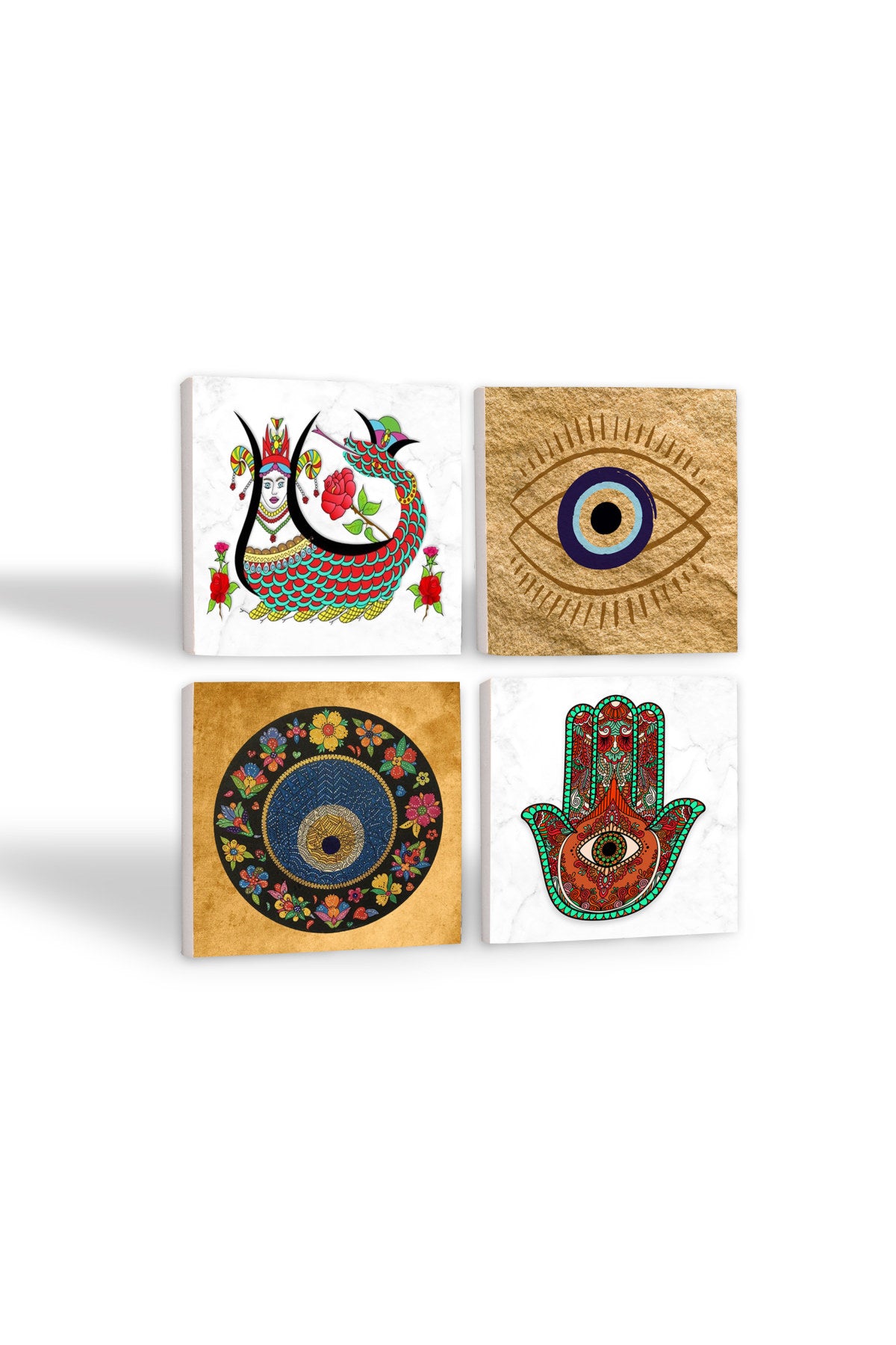 Pinecone Nazar, Fatma Ana Eli (Hamsa), Şahmeran Taş Bardak Altlığı Seti - 4 Parça - Dekoratif, Rustik Mutfak Aksesuarı, 10x10 cm, Kaydırmaz Tabanlı, Şık ve Dayanıklı SC513
