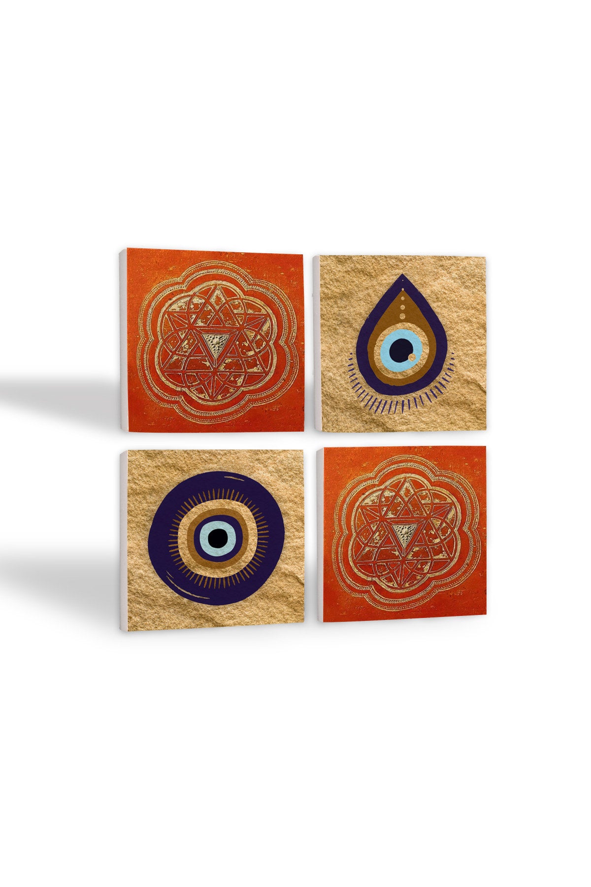 Pinecone Nazar, Sri Yantra, Mandala Taş Bardak Altlığı Seti - 4 Parça - Dekoratif, Rustik Mutfak Aksesuarı, 10x10 cm, Kaydırmaz Tabanlı, Şık ve Dayanıklı SC521