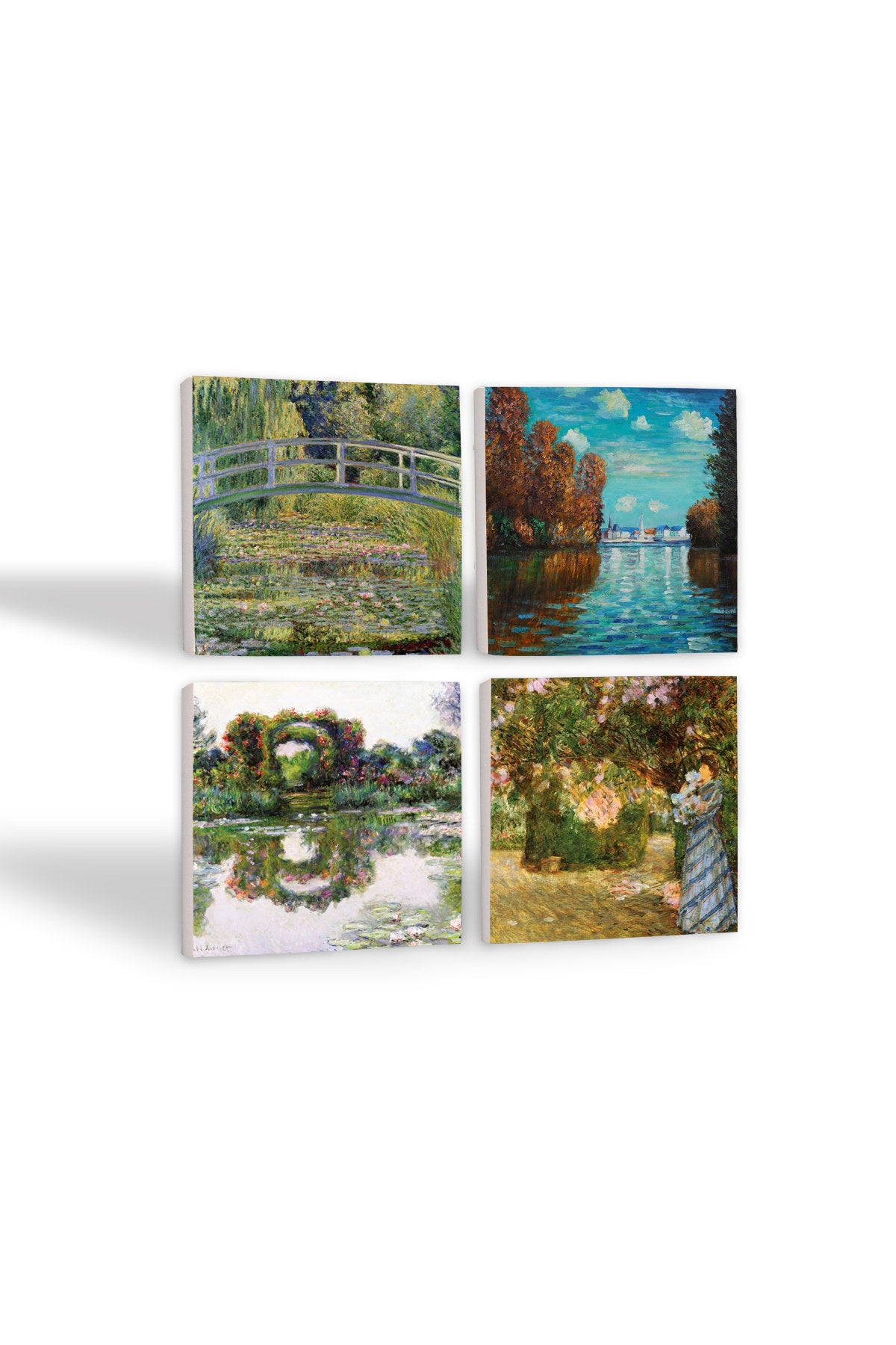 Pinecone Claude Monet Sonbahar, Bahçede, Gül Çiçekli Kemer, Nilüfer Gölü Taş Bardak Altlığı Seti - 4 Parça - Dekoratif, Rustik Mutfak Aksesuarı, 10x10 cm, Kaydırmaz Tabanlı, Şık ve Dayanıklı SC532