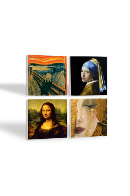 Pinecone Çığlık, İnci Küpeli Kız, Gustav Klimt Altın Gözyaşları, Da Vinci Mona Lisa Taş Bardak Altlığı Seti - 4 Parça - Dekoratif, Rustik Mutfak Aksesuarı, 10x10 cm, Kaydırmaz TabanlıSC536