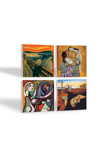 Pinecone Dalí Belleğin Azmi, Picasso Ayna Karşısındaki Kız, Çığlık, Klimt Aile Kucaklama Taş Bardak Altlığı Seti - 4 Parça - Dekoratif, Rustik Mutfak Aksesuarı, 10x10 cm, Kaydırmaz TabanlıSC542