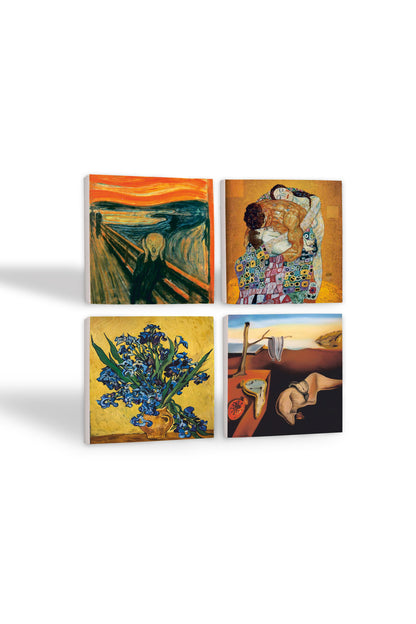 Pinecone Dalí Belleğin Azmi, Van Gogh Süsenler, Çığlık, Gustav Klimt Aile Kucaklama Taş Bardak Altlığı Seti - 4 Parça - Dekoratif, Rustik Mutfak Aksesuarı, 10x10 cm, Kaydırmaz TabanlıSC549