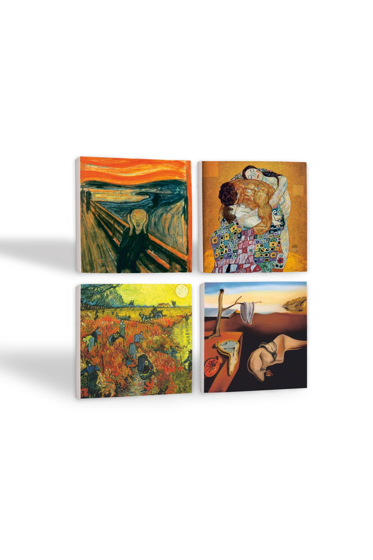 Pinecone Dalí Belleğin Azmi, Van Gogh Arles'te Kırmızı Bağ, Çığlık, Klimt Aile Kucaklama Taş Bardak Altlığı Seti - 4 Parça - Dekoratif, Rustik Mutfak Aksesuarı, 10x10 cm, Kaydırmaz TabanlıSC554