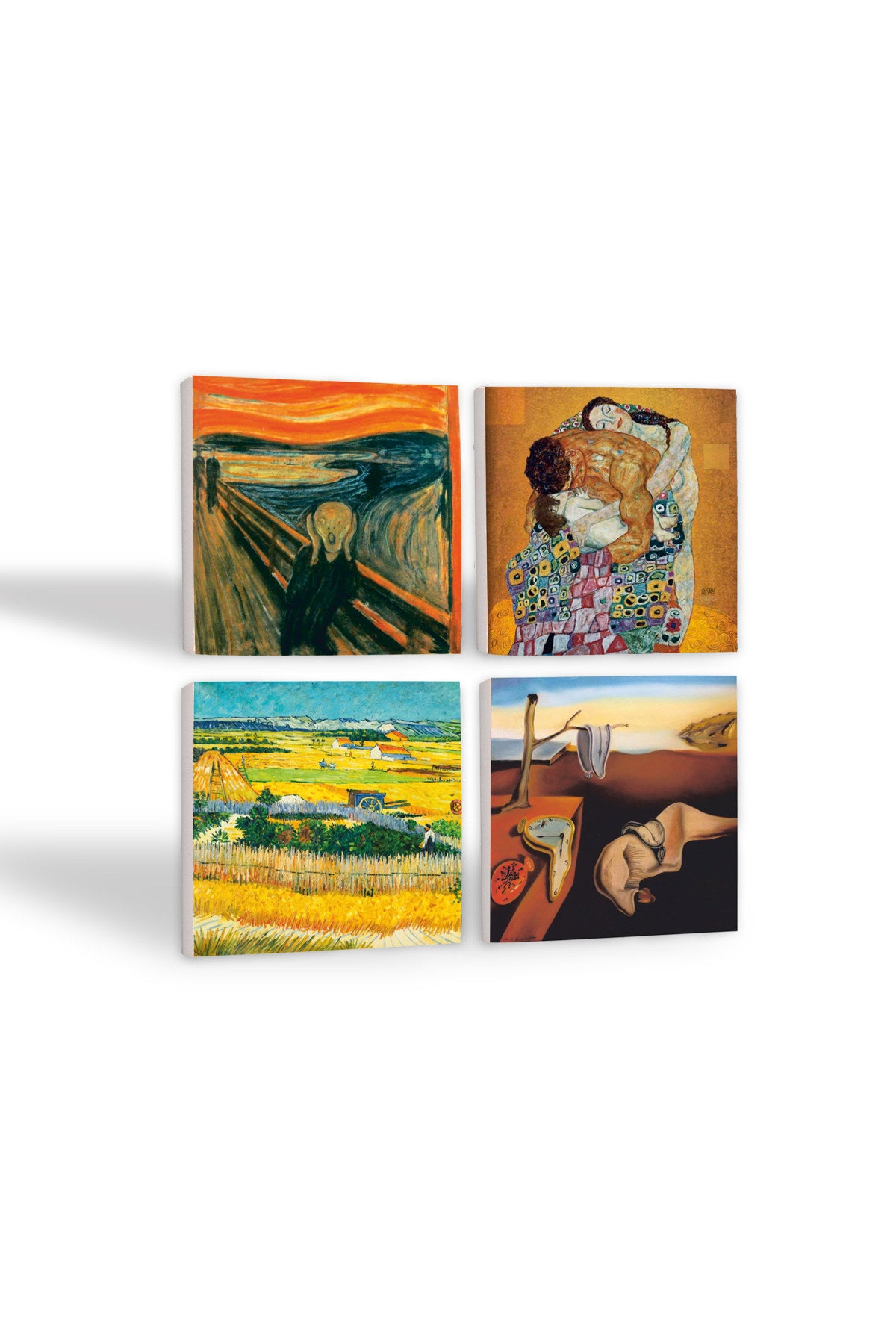 Pinecone Dalí Belleğin Azmi, Van Gogh Hasat Manzarası, Çığlık, Klimt Aile Kucaklama Taş Bardak Altlığı Seti - 4 Parça - Dekoratif, Rustik Mutfak Aksesuarı, 10x10 cm, Kaydırmaz TabanlıSC556