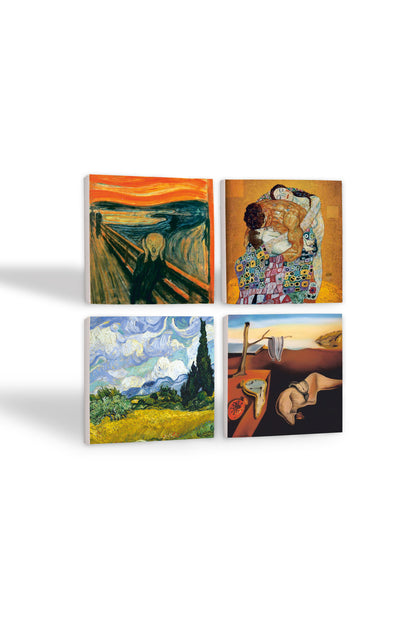 Pinecone Dalí Belleğin Azmi, Van Gogh Buğday Tarlası, Çığlık, Klimt Aile Kucaklama Taş Bardak Altlığı Seti - 4 Parça - Dekoratif, Rustik Mutfak Aksesuarı, 10x10 cm, Kaydırmaz TabanlıSC559