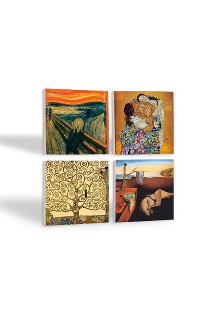 Pinecone Salvador Dalí Belleğin Azmi, Çığlık, Gustav Klimt Aile Kucaklama, Hayat Ağacı Taş Bardak Altlığı Seti - 4 Parça - Dekoratif, Rustik Mutfak Aksesuarı, 10x10 cm, Kaydırmaz TabanlıSC564