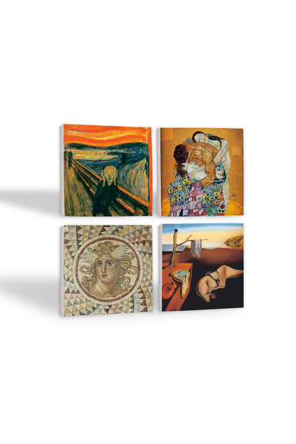 Pinecone Salvador Dalí Belleğin Azmi, Çığlık, Mozaik Serisi, Gustav Klimt Aile Kucaklama Taş Bardak Altlığı Seti - 4 Parça - Dekoratif, Rustik Mutfak Aksesuarı, 10x10 cm, Kaydırmaz TabanlıSC573