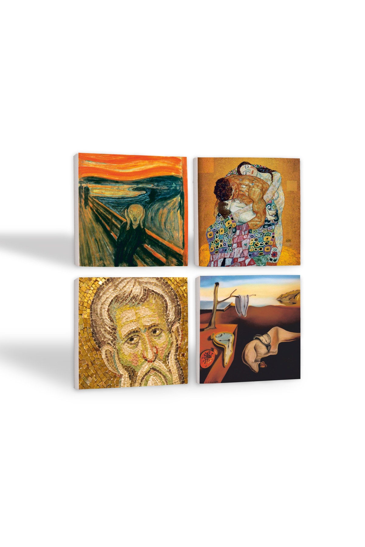 Pinecone Salvador Dalí Belleğin Azmi, Çığlık, Mozaik Serisi, Gustav Klimt Aile Kucaklama Taş Bardak Altlığı Seti - 4 Parça - Dekoratif, Rustik Mutfak Aksesuarı, 10x10 cm, Kaydırmaz TabanlıSC574