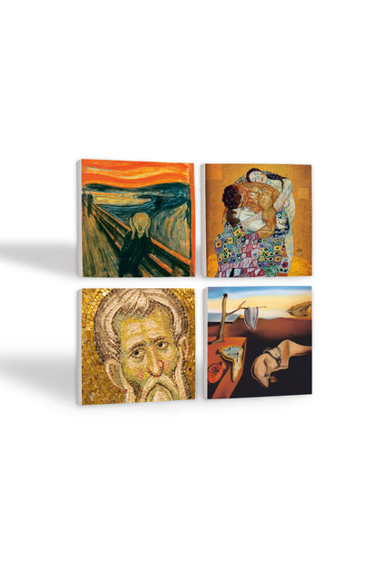 Pinecone Salvador Dalí Belleğin Azmi, Çığlık, Mozaik Serisi, Gustav Klimt Aile Kucaklama Taş Bardak Altlığı Seti - 4 Parça - Dekoratif, Rustik Mutfak Aksesuarı, 10x10 cm, Kaydırmaz TabanlıSC574