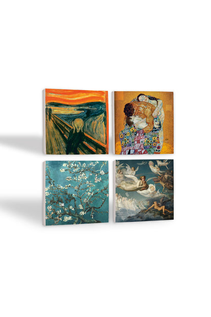 Pinecone Çığlık, Van Gogh Badem Ağacı, Gustav Klimt Aile Kucaklama, Ruhların Geçişi Taş Bardak Altlığı Seti - 4 Parça - Dekoratif, Rustik Mutfak Aksesuarı, 10x10 cm, Kaydırmaz TabanlıSC590