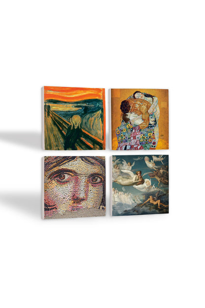 Pinecone Çığlık, Çingene Kızı Mozaiği, Gustav Klimt Aile Kucaklama, Ruhların Geçişi Taş Bardak Altlığı Seti - 4 Parça - Dekoratif, Rustik Mutfak Aksesuarı, 10x10 cm, Kaydırmaz TabanlıSC592
