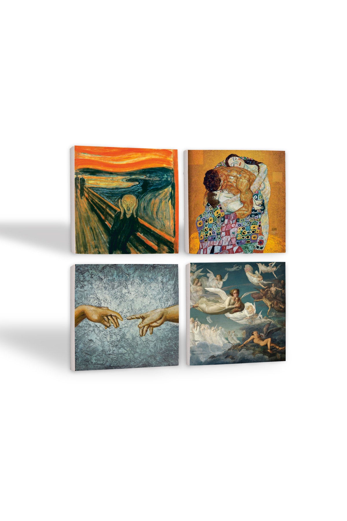Pinecone Michelangelo, Çığlık, Gustav Klimt Aile Kucaklama, Ruhların Geçişi Louis Janmot Taş Bardak Altlığı Seti - 4 Parça - Dekoratif, Rustik Mutfak Aksesuarı, 10x10 cm, Kaydırmaz TabanlıSC596