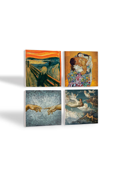 Pinecone Michelangelo, Çığlık, Gustav Klimt Aile Kucaklama, Ruhların Geçişi Louis Janmot Taş Bardak Altlığı Seti - 4 Parça - Dekoratif, Rustik Mutfak Aksesuarı, 10x10 cm, Kaydırmaz TabanlıSC596