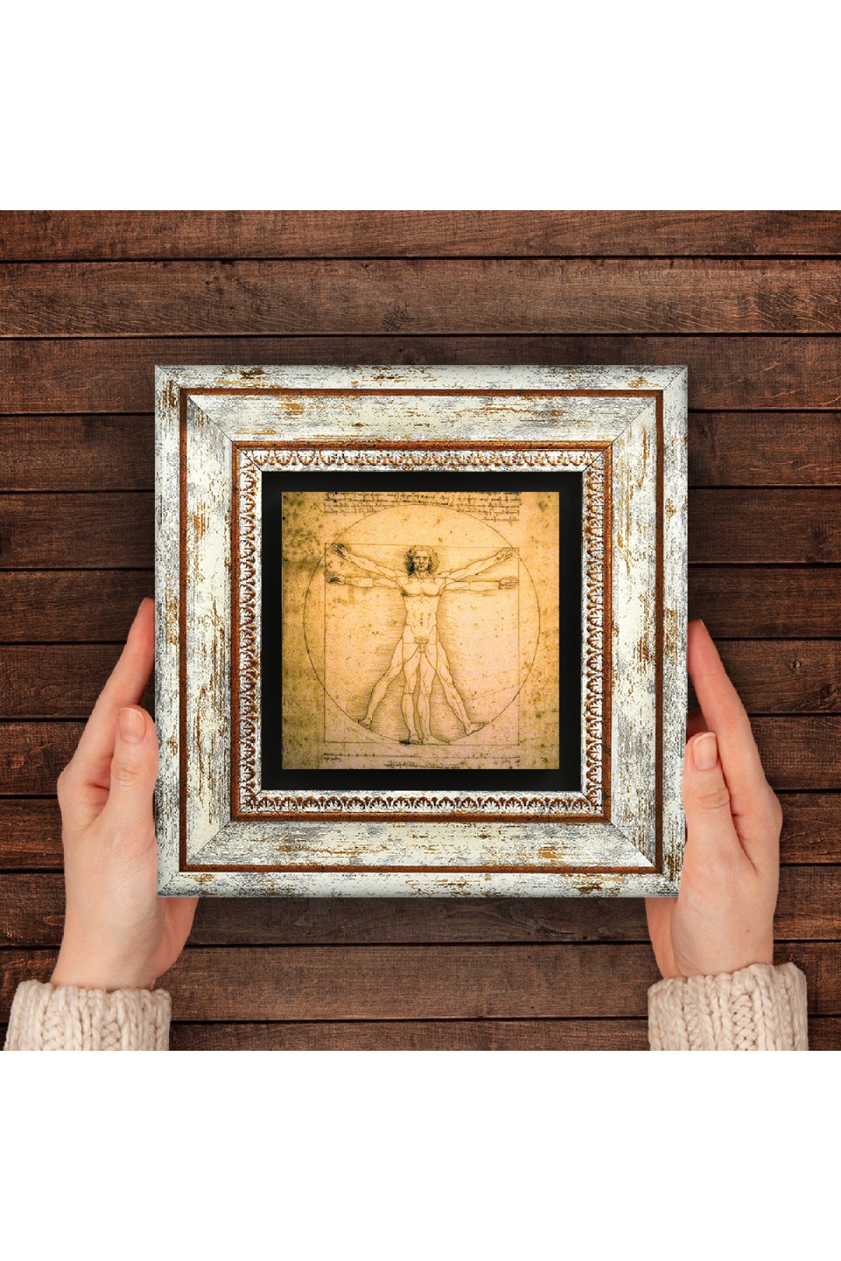 Leonardo da Vinci Vitruvius Adamı Taş Duvar Tablosu - Çerçeveli Taş Tablo - Dekoratif Duvar Sanatı - Modern Ev ve Ofis Duvar Dekoru TK1-17