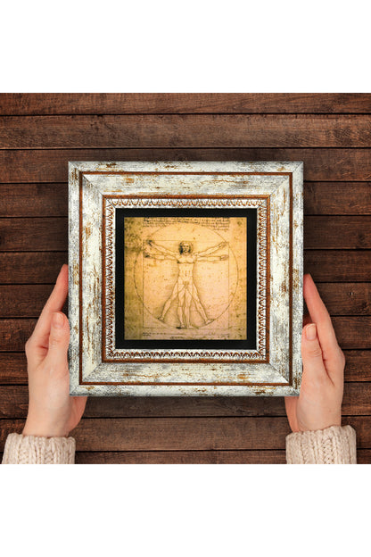 Leonardo da Vinci Vitruvius Adamı Taş Duvar Tablosu - Çerçeveli Taş Tablo - Dekoratif Duvar Sanatı - Modern Ev ve Ofis Duvar Dekoru TK1-17