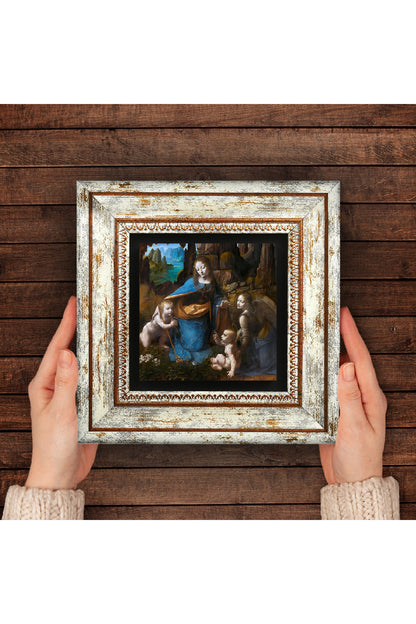 Leonardo da Vinci Kayalıklar Bakiresi Taş Duvar Tablosu - Çerçeveli Taş Tablo - Dekoratif Duvar Sanatı - Modern Ev ve Ofis Duvar Dekoru TK1-272