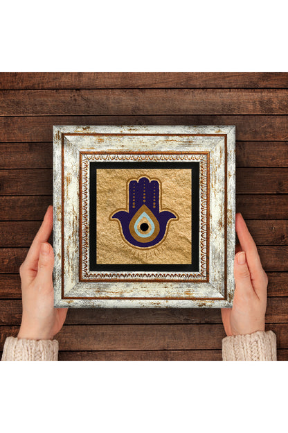 Fatma Ana Eli (Hamsa) Nazar Taş Duvar Tablosu - Çerçeveli Taş Tablo - Dekoratif Duvar Sanatı - Modern Ev ve Ofis Duvar Dekoru TK1-361