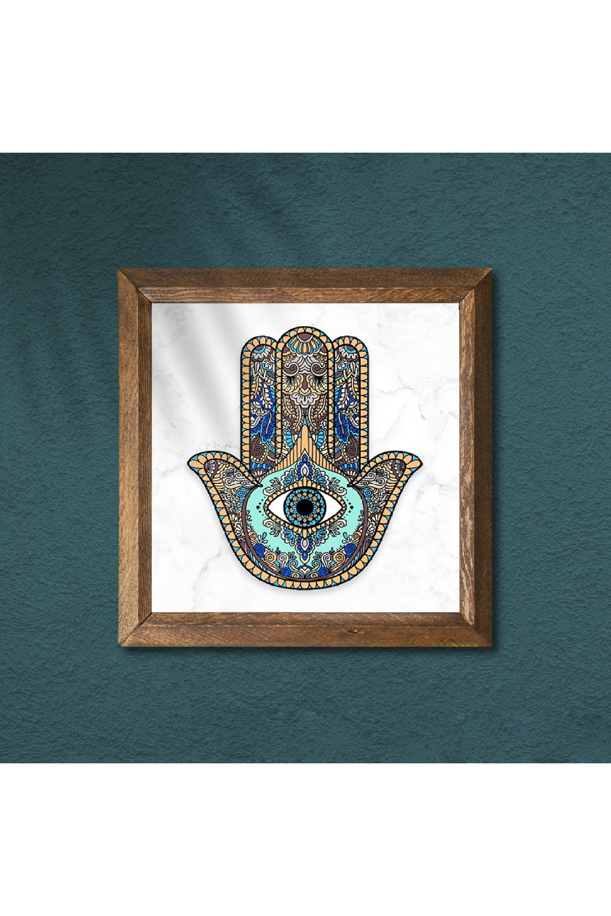 Fatma Ana Eli (Hamsa) Taş Duvar Tablosu - Ahşap Çerçeveli Taş Tablo - 25x25 cm - Dekoratif Duvar Sanatı - Modern Ev ve Ofis Duvar Dekoru -W1-01