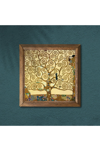 Gustav Klimt Hayat Ağacı Taş Duvar Tablosu - Ahşap Çerçeveli Taş Tablo - 25x25 cm - Dekoratif Duvar Sanatı - Modern Ev ve Ofis Duvar Dekoru -W1-24
