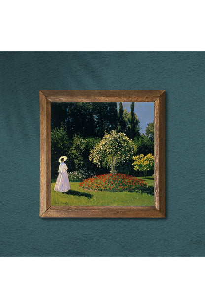 Claude Monet Bahçedeki Kadın Taş Duvar Tablosu - Ahşap Çerçeveli Taş Tablo - 25x25 cm - Dekoratif Duvar Sanatı, Modern Ev ve Ofis Duvar Dekoru -W1-249