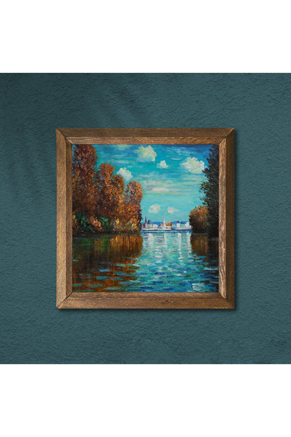 Claude Monet Sonbahar Taş Duvar Tablosu - Ahşap Çerçeveli Taş Tablo - 25x25 cm - Dekoratif Duvar Sanatı - Modern Ev ve Ofis Duvar Dekoru -W1-254